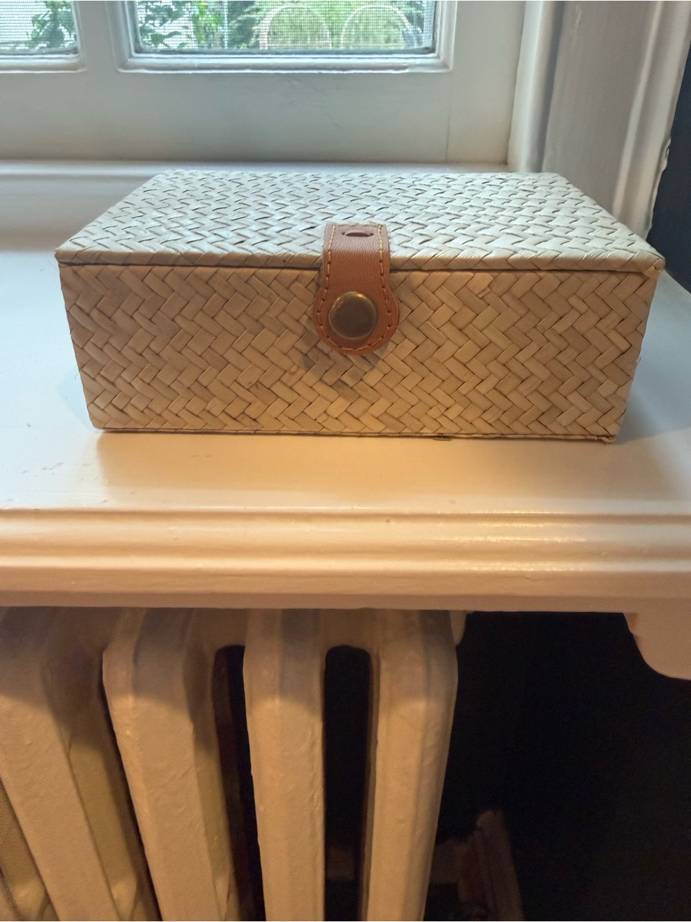 Natural Woven Storage Box with Leather-Style Closure - Cream